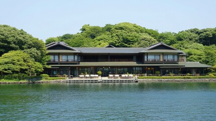 Obraz premium Traditional Japanese House by Calm Water Surrounded by Lush Trees