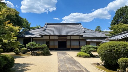 Obraz premium Traditional Japanese House Surrounded by Beautiful Garden Landscape