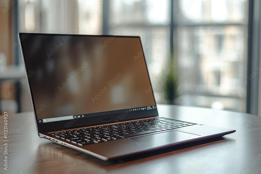 Poster a laptop is open on a table with a window behind it