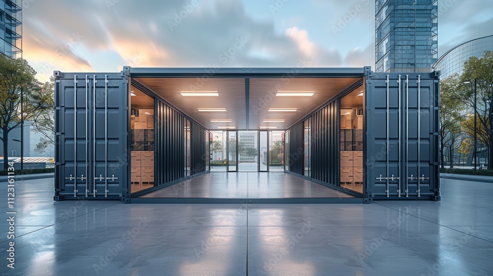 Poster Two open shipping container functioning as a self-storage unit, placed on a modern urban plaza with contemporary architecture in the background, minimalistic interior with several stacked boxes.