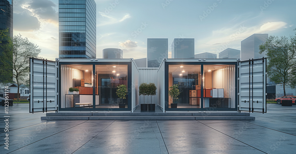 Aufkleber Two open shipping container functioning as a self-storage unit, placed on a modern urban plaza with contemporary architecture in the background, minimalistic interior with several stacked boxes.