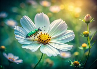 Obraz premium Vintage Style Close-Up of Insect on White Cosmos Flower Against Soft Blurred Green Background in an Irish Garden, Showcasing the Beauty of Cosmos Bipinnatus in Natural Light