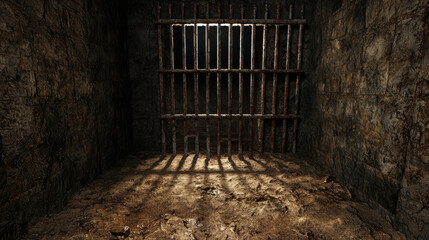 Obraz premium Ancient Dungeon Cell with Rusty Bars and Shadows in a Forgotten Prison