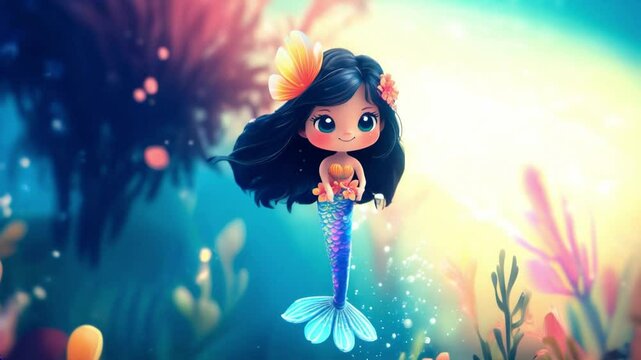 Children's story. Cute Cartoon Mermaid in a Vibrant Underwater World. Children's story.. Adorable cartoon-style mermaid with dark hair and floral decorations sits among colorful coral in a magical, gl