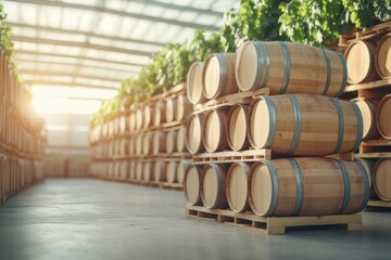 Stacked wooden barrels in a spacious winery with sunlight filtering through a glass roof