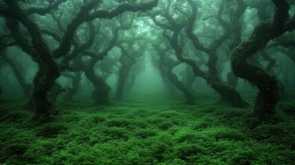 Fototapeta premium Enchanting, misty forest path with moss-covered trees.