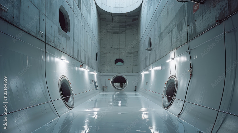 Poster secret huge experiment underground lab architecture exterior.