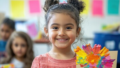 Happy Child Proudly Displaying Creative Art Project with Bright Colors in Classroom Setting