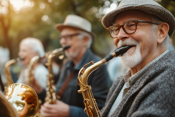 Happy elderly people gather to play music together. A cheerful band playing wind instruments. Outdoor Music Festival