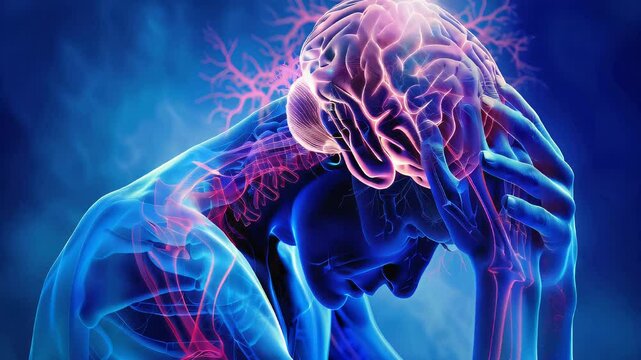 Central Pain Syndrome: The Chronic Pain and Sensory Abnormalities - Picture a person with highlighted brain areas showing central nervous system damage, experiencing chronic pain and sensory abnormali