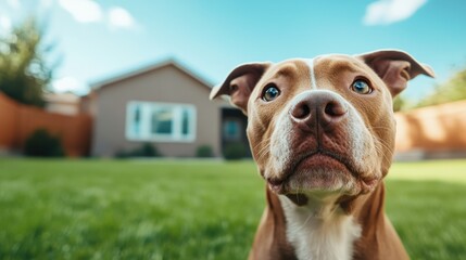 A captivating brown and white dog gazing intently in a green suburban backyard strengthens the bond between humans and pets, evoking warmth and security.