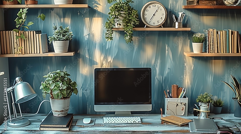 Poster a simple office with books, notebook, stationery, keyboard on the table.