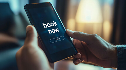 A person pointing at a phone displaying a "Book Now" button, suggesting an online booking action.

