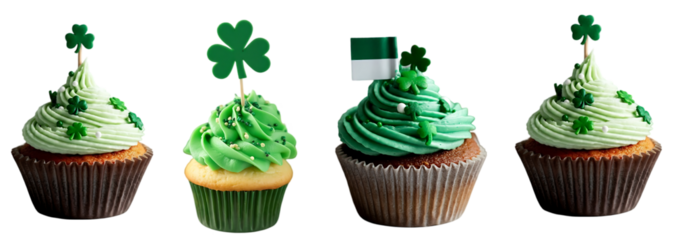 Decorative Green-Themed Cupcakes For Saint Patrick's Day Celebration and Festivities isolated on a white background