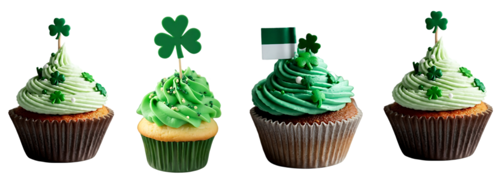 Decorative Green-Themed Cupcakes For Saint Patrick's Day Celebration and Festivities isolated on a white background