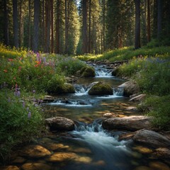 Obraz premium A quiet forest stream surrounded by tall trees and colorful wildflowers.