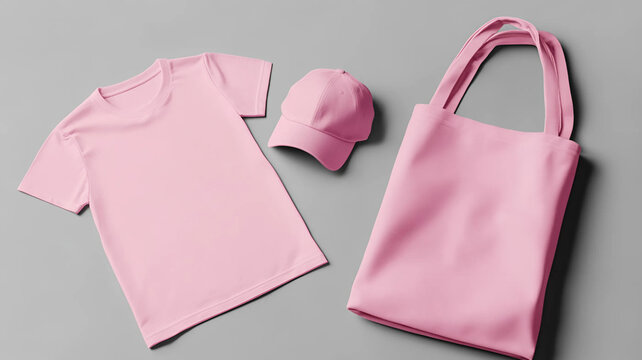 Set de ropa color rosa pastel con bolsa, camiseta y gorra