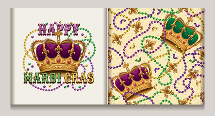 Seamless Mardi Gras pattern, label with imperial crown, randomly scattered Fleur de Lis sign, confetti, interlaced strings of beads, text. White background. Vintage style.