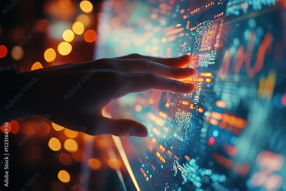 Poster a hand is touching a computer screen with a lot of numbers and lines