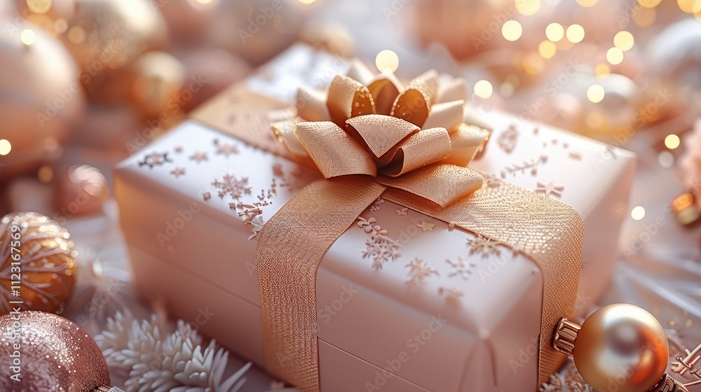 Poster a golden and cute 3d rectangular gift box with a bow, and various interesting elements surrounding t