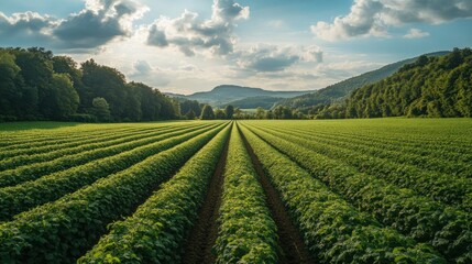 A wide view of farmers harvesting hops in a large field, with lush green plants as far as the eye can see