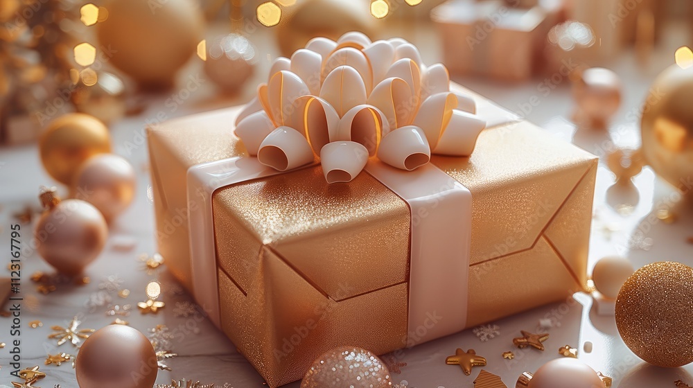 Aufkleber a golden and cute 3d rectangular gift box with a bow, and various interesting elements surrounding t