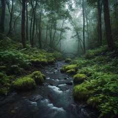 Obraz premium A misty forest with a narrow stream cutting through the dense undergrowth.