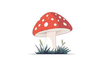 A red mushroom with white spots sits in a field of grass