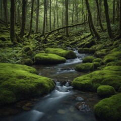 Obraz premium A quiet grove with a small stream winding through the moss-covered rocks.