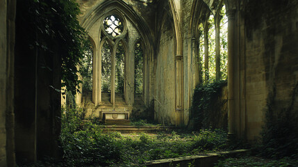 Obraz premium A collapsed abbey overtaken by thorny brambles, the altar barely visible beneath debris.