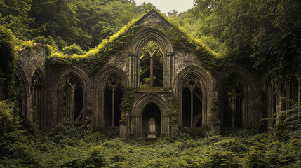 Obraz premium A collapsed abbey overtaken by thorny brambles, the altar barely visible beneath debris.