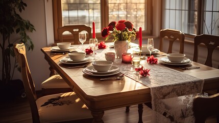 Fototapeta premium Romantic Dinner Table Setting at Sunset