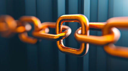 Naklejka premium Macro image of chain link connections in dark manufacturing environment - industrial focus