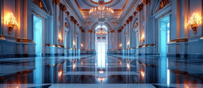 Opulent and majestic palatial interior with ornate chandelier marble floors and grand architectural elements