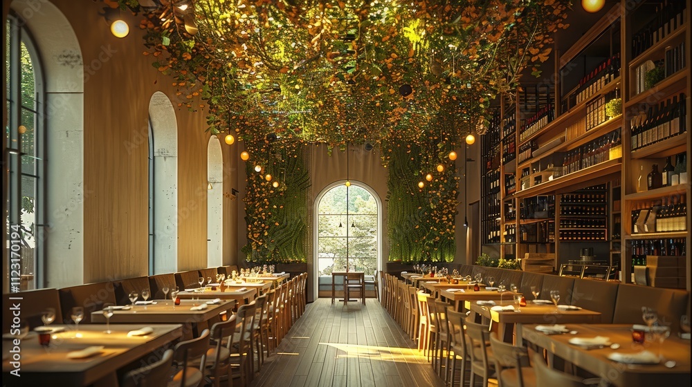 Poster a restaurant room with vines on the ceiling. banquet tables in a row and golden light throughout the
