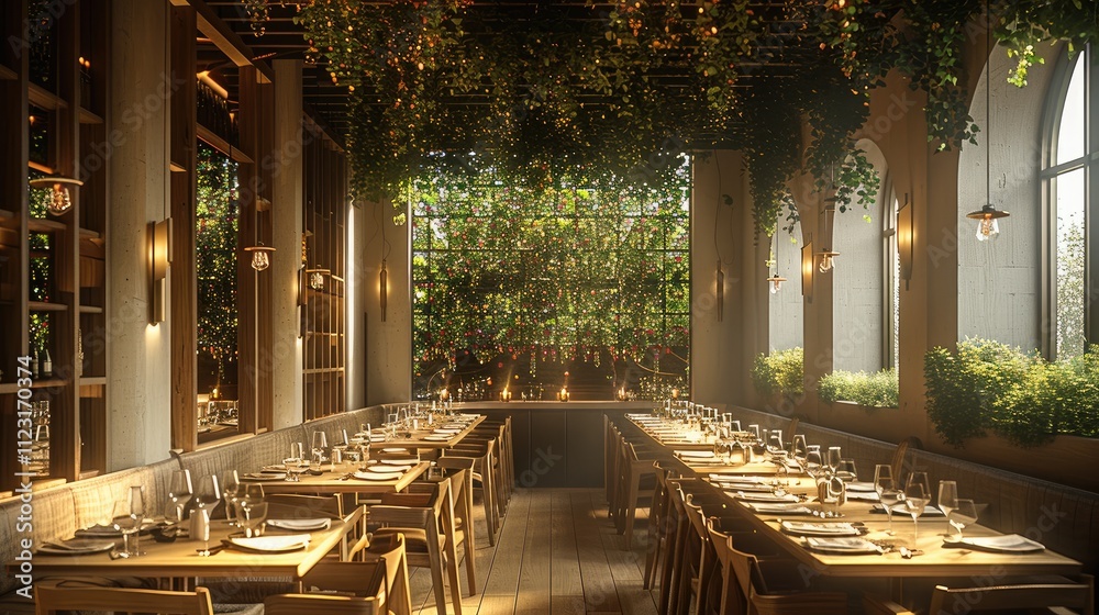 Poster A restaurant room with vines on the ceiling. Banquet tables in a row and golden light throughout the space.