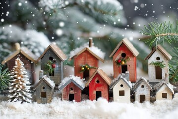 Naklejka premium Charming miniature Christmas village surrounded by snow and pine trees creates a festive winter atmosphere