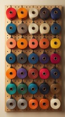 Fototapeta premium Vibrant spools of thread neatly organized in rows on pegboard reflect joy of crafting, sewing, and textile artistry with colorful creativity.