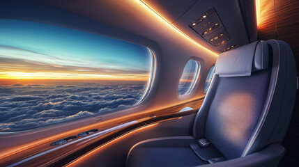 Obraz premium Luxurious airplane interior with stunning sunset view from window, showcasing comfort and elegance in travel