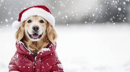  Cheerful golden retriever in red Santa hat and coat, sitting on snowy white background, right side blank for text or graphic overlay, exuding festive joy.
