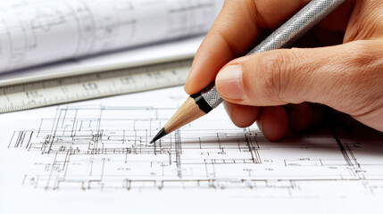 Creating architectural plans with pencil and ruler, showcasing precision and detail