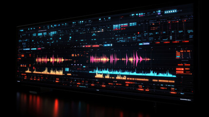 Ultra detailed digital audio workstation interface with vibrant waveforms and controls, showcasing sound editing and mixing capabilities