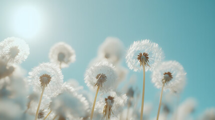 A Serene Close-Up of Dandelions Drifting Softly Against a Sky-Blue Background