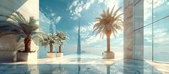 Luxurious beachfront mansion with glistening swimming pool surrounded by swaying palm trees set against a backdrop of azure sky and fluffy white clouds