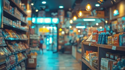 Blurred view of a convenience store interior with shelves stocked with various goods and a customer in the background.
