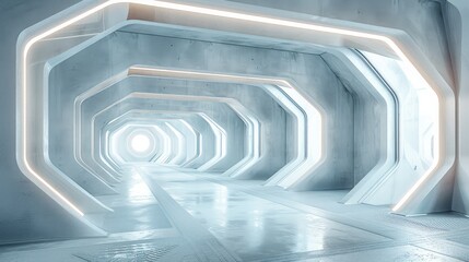 Obraz premium 3D render of a futuristic white and grey space station interior.