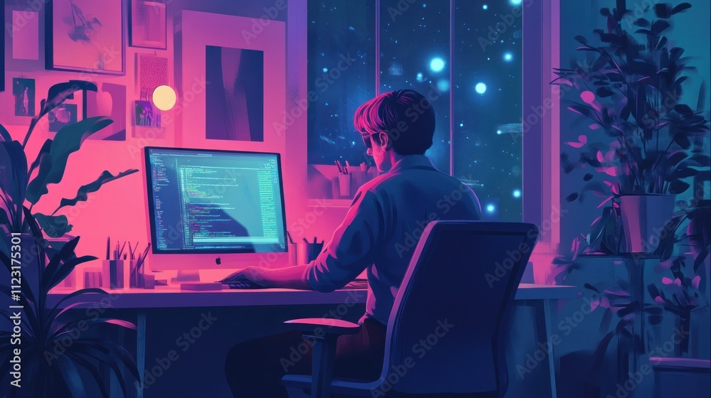 Poster night coder: a synthwave digital oasis
