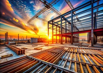 Fototapeta premium Vintage Style Photography of Steel Flooring Construction at a Building Site During Sunset, Showcasing Industrial Materials and Urban Expansion in a Partially Erected Structure