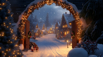 Festive arched doorway leading to a snow-covered village with Christmas lights