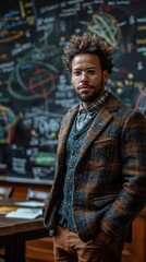 Fototapeta premium Stylish Man in Plaid Jacket Smartboard Background Education Concept